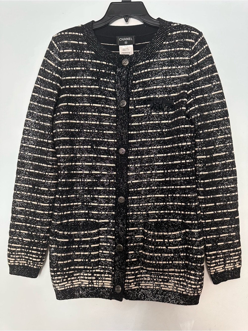 CHANEL Black and White Tweed Button-Up Cardigan